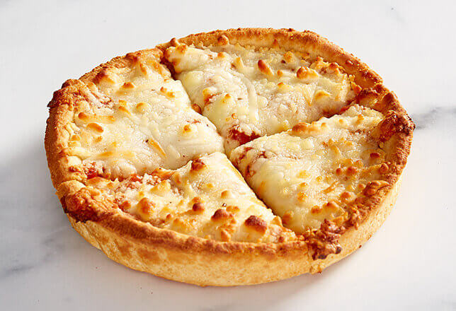 A kids’ pizza with a crisp crust and melted cheese.